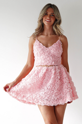 3D Flower Decor V Neck Crop Cami Mini Skirt Matching Set-Pink